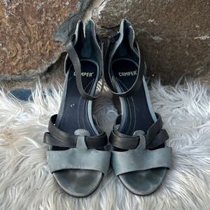 Camper Leather Strappy Wedge Sandals Blue Gray Ankle Zip EU 38 / US 7.5–8